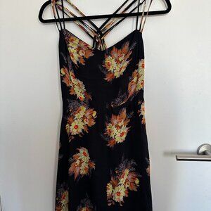 Minkpink blacl/orange/yellow floral dress with criss-cross straps (L)
